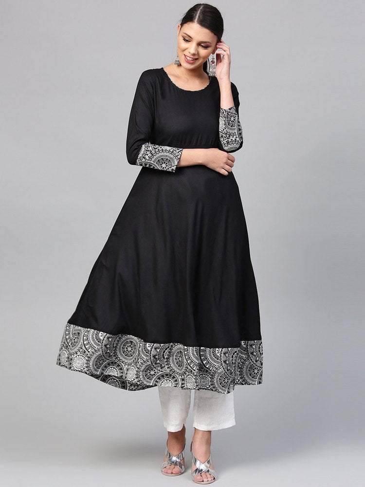 Solid (Plain) Black Rayon A Line Kurti, Length: Calf Length