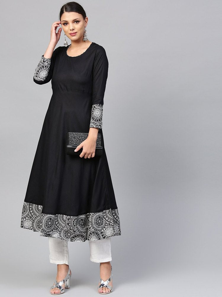 Solid (Plain) Black Rayon A Line Kurti, Length: Calf Length