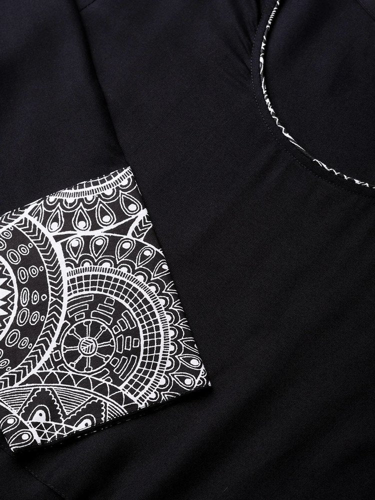Solid (Plain) Black Rayon A Line Kurti, Length: Calf Length
