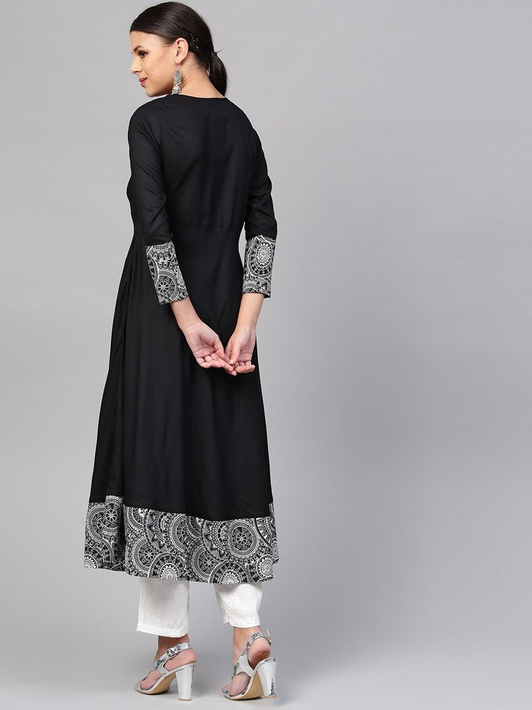 Solid (Plain) Black Rayon A Line Kurti, Length: Calf Length