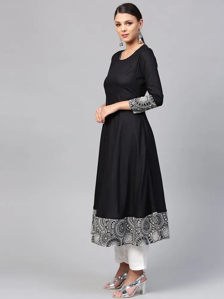 Solid (Plain) Black Rayon A Line Kurti, Length: Calf Length