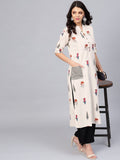 Printed Off White Cotton A Line Kurti, Length: Calf Length