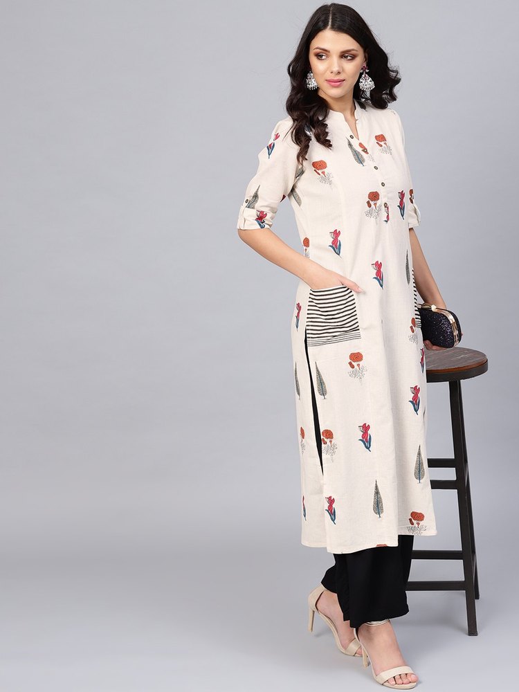 Printed Off White Cotton A Line Kurti, Length: Calf Length