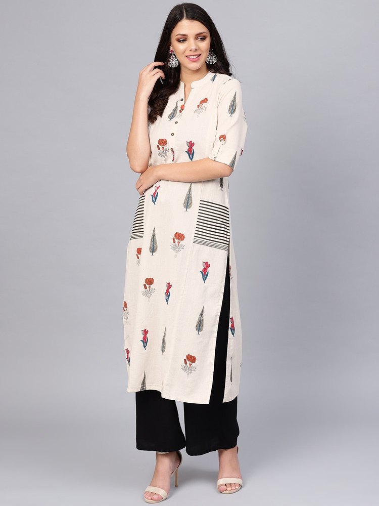 Printed Off White Cotton A Line Kurti, Length: Calf Length