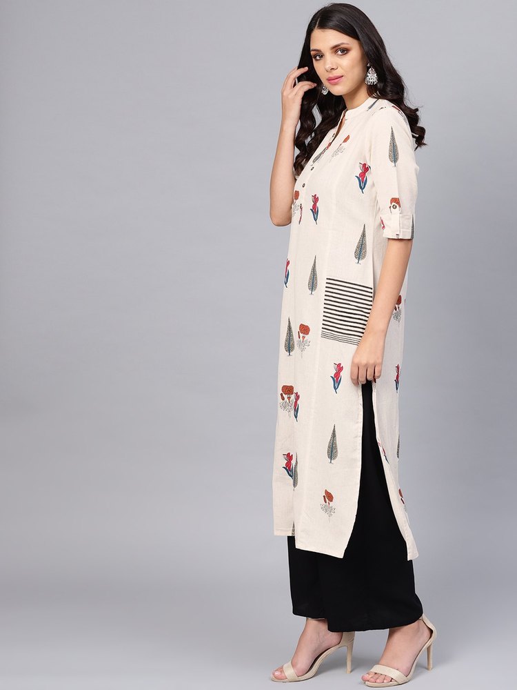 Printed Off White Cotton A Line Kurti, Length: Calf Length