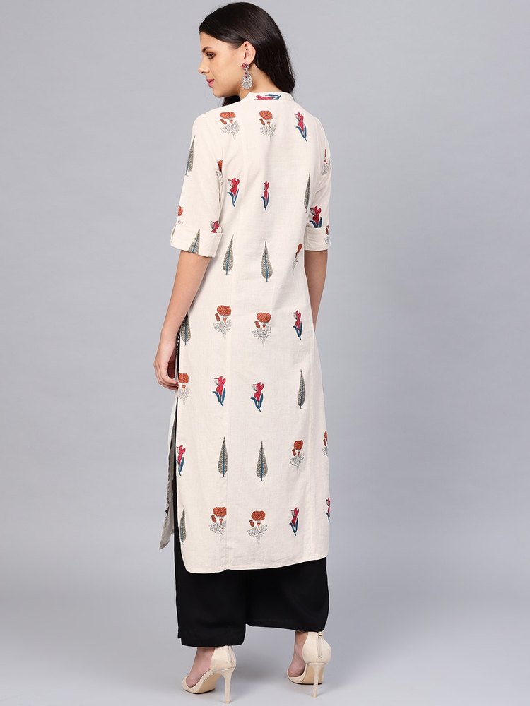 Printed Off White Cotton A Line Kurti, Length: Calf Length