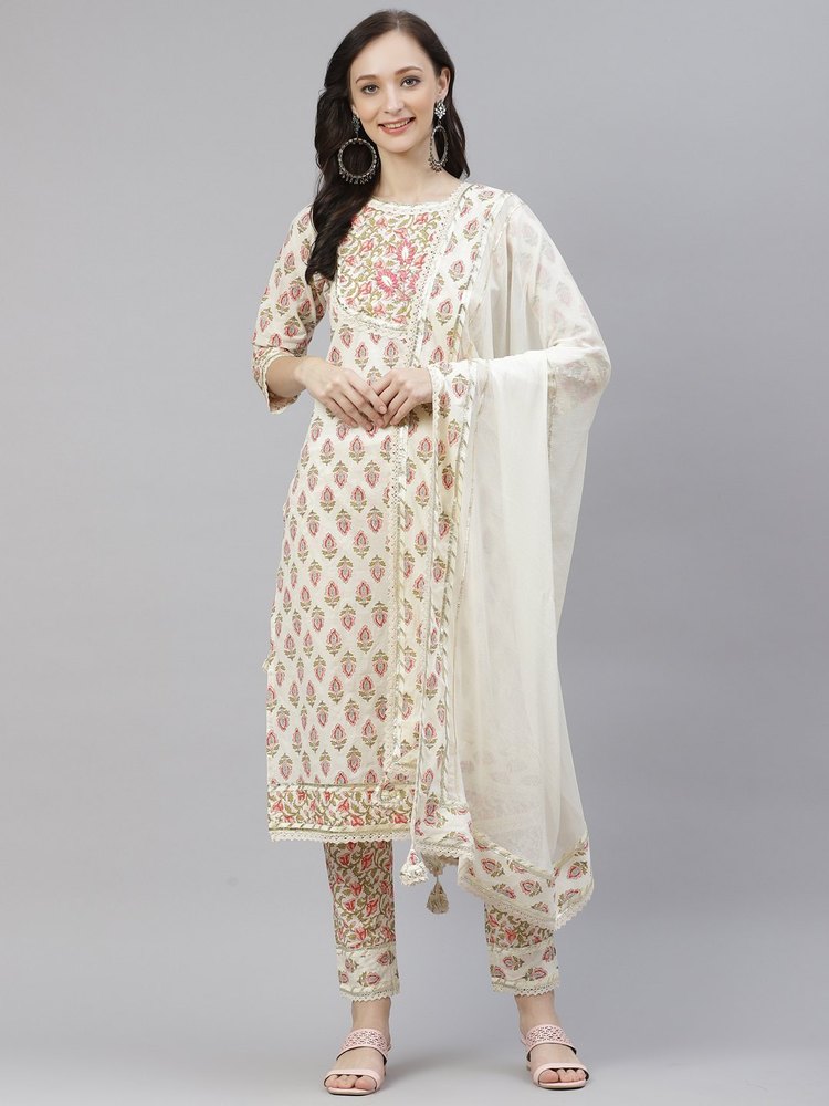 Divena Off white Cotton Straight Kurta Pant set with Dupatta, Size: XS-7XL