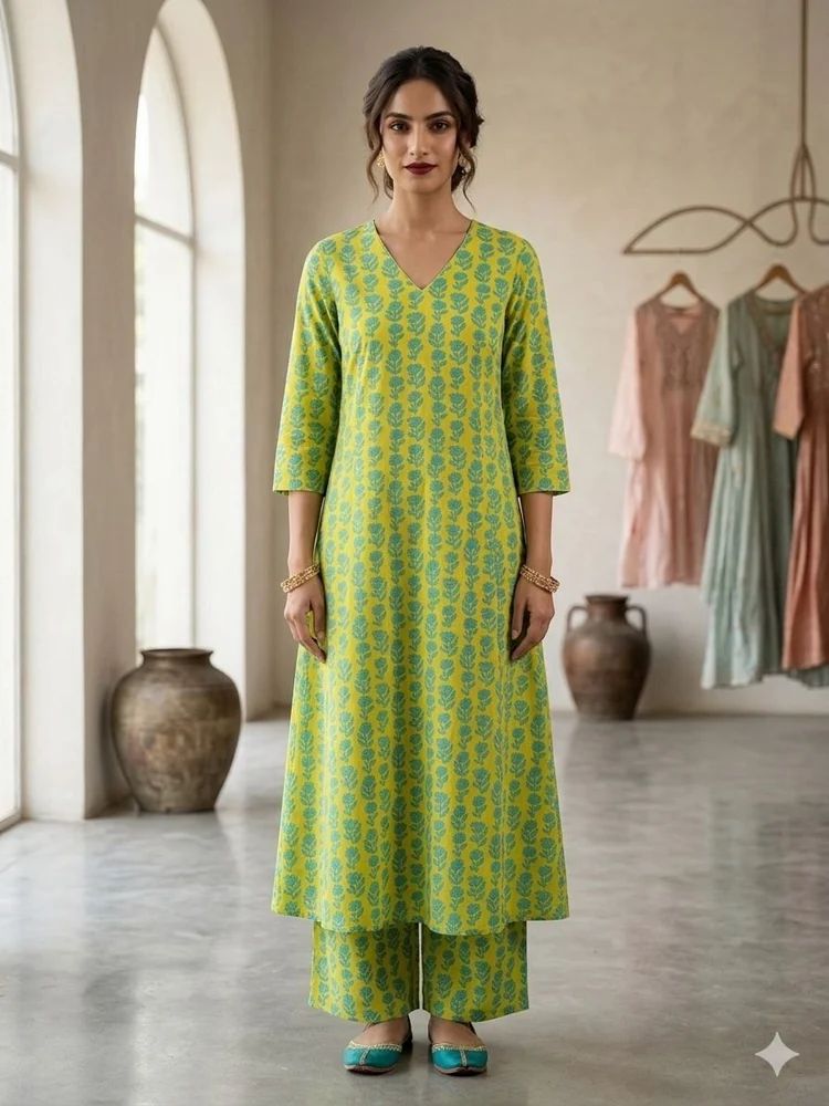 Printed A Line Kurti Plazzo Set, Cotton, Length: Knee Length