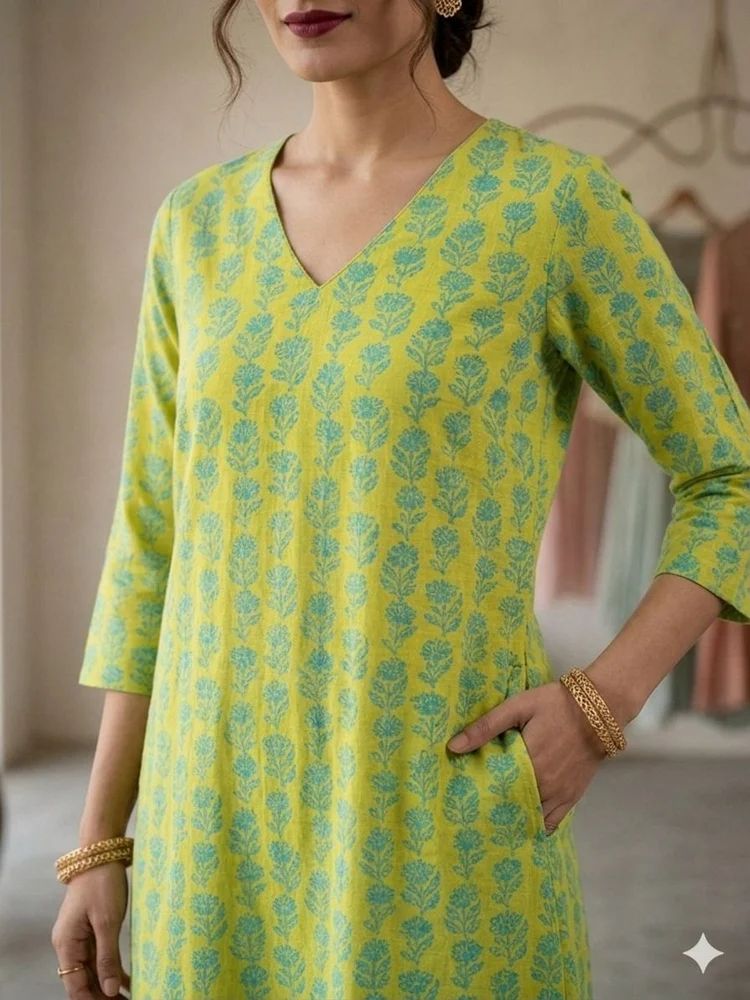 Printed A Line Kurti Plazzo Set, Cotton, Length: Knee Length