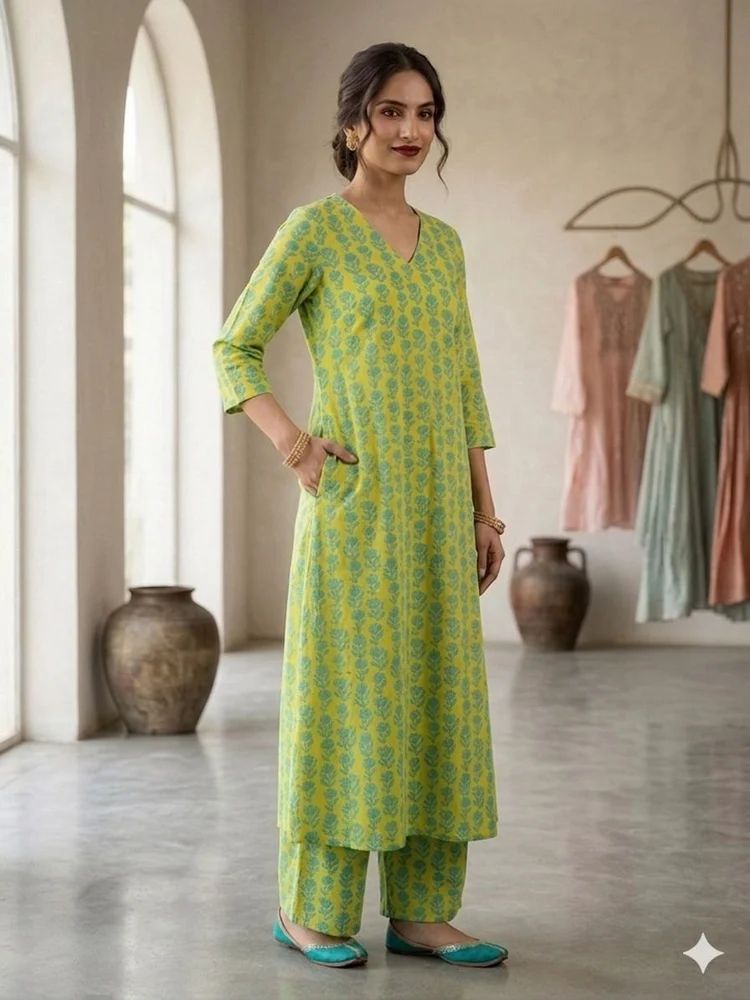 Printed A Line Kurti Plazzo Set, Cotton, Length: Knee Length