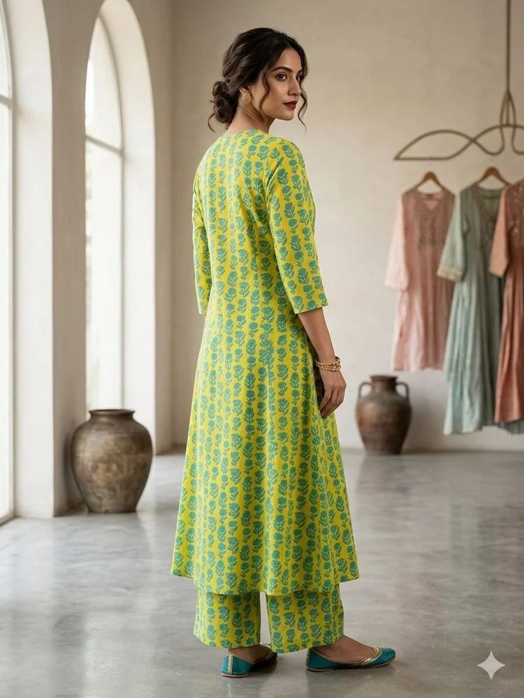 Printed A Line Kurti Plazzo Set, Cotton, Length: Knee Length